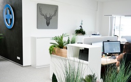 Foto: Großraumbüro mit Pflanzen und Logo